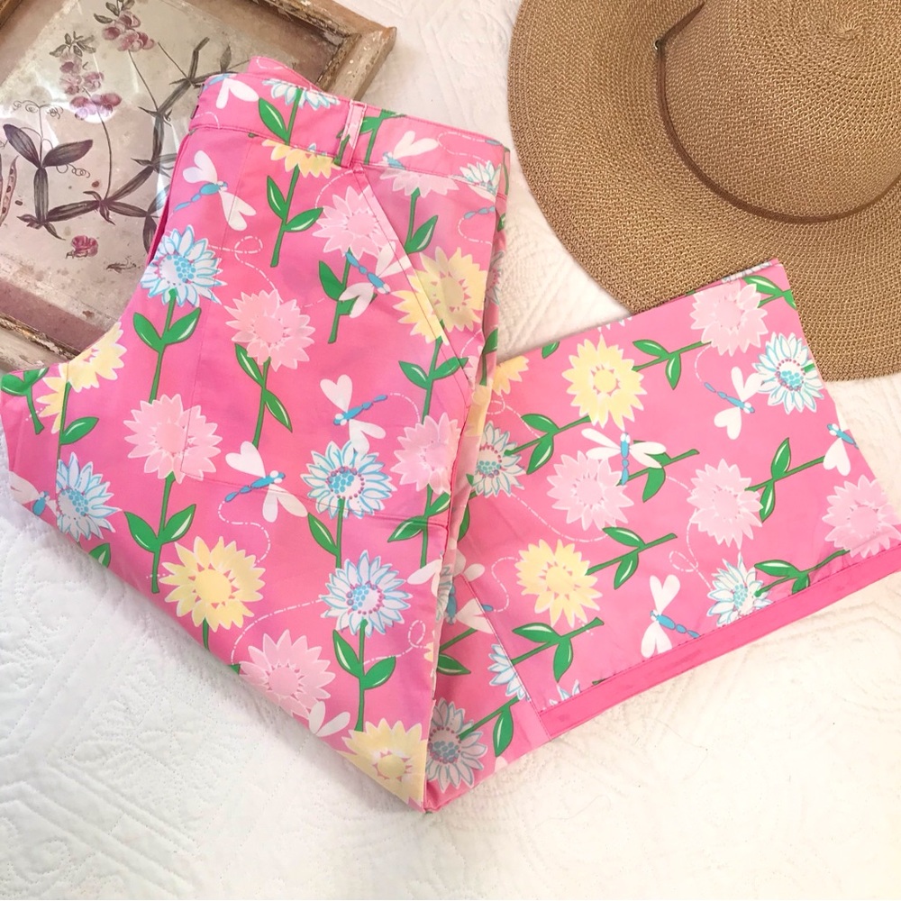 Lilly Pulitzer White Label Crop Pants Floral Dragon Fly